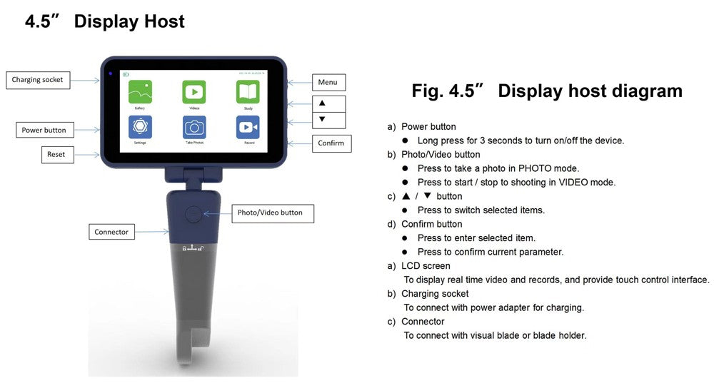 4.5-inch Video Laryngoscope Reusable Sterilizable Blades Touch screen color