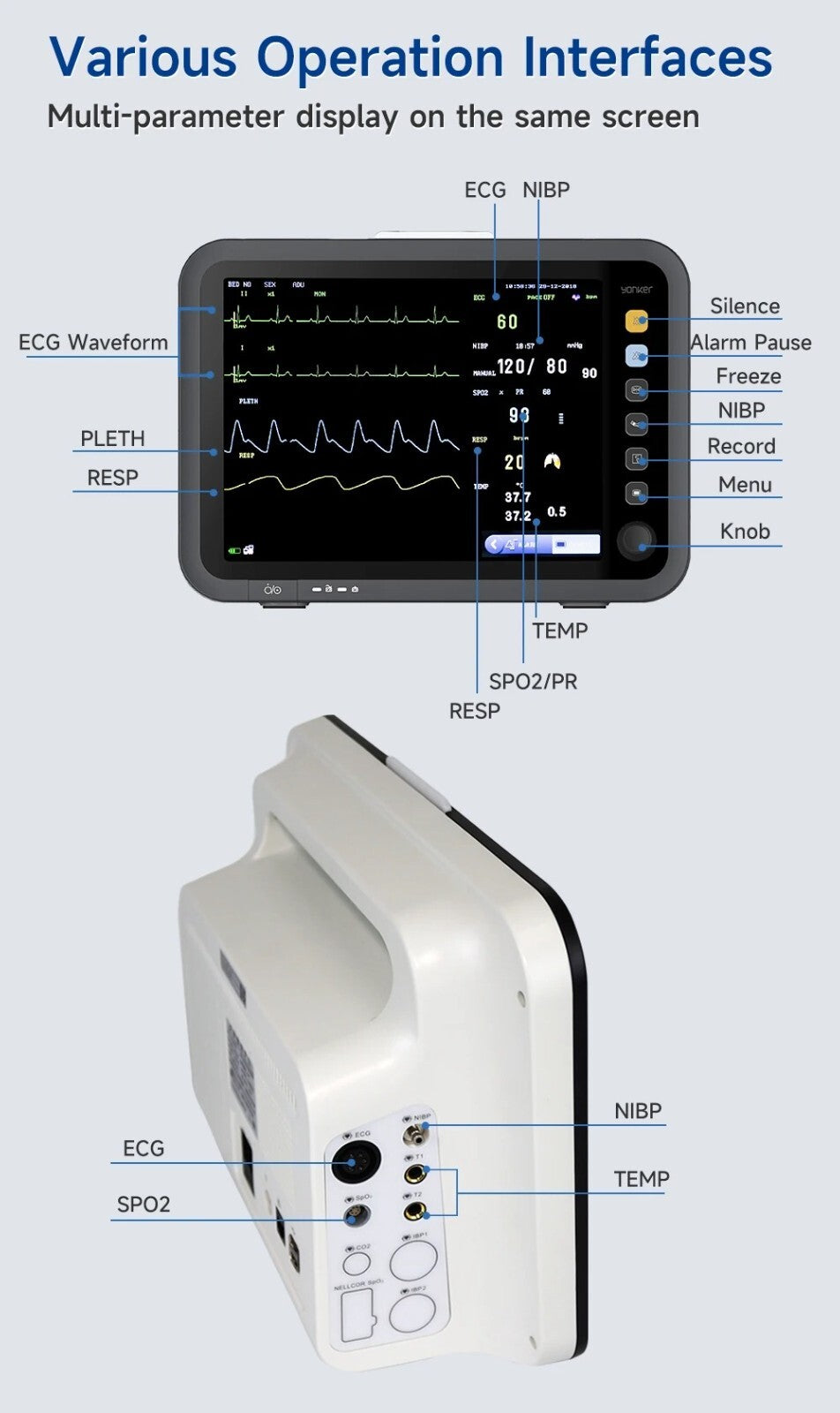 12 Inch Human VET Multiparameters ECG/NIBP/PR/SPO2/RESP/TEMP ICU Patient Monitor
