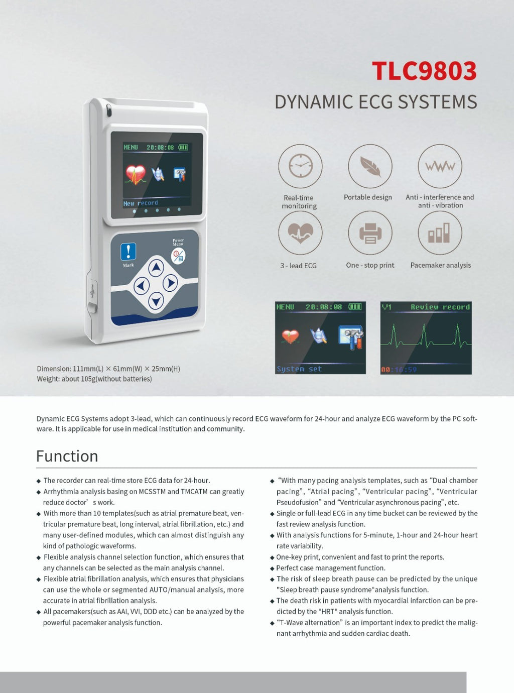 TLC9803 3 Channels ECG Holter Recorder, EKG Dynamic ECG Monitor System