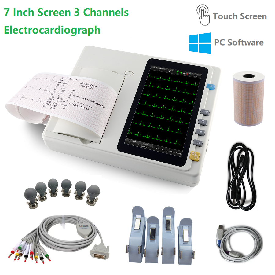 7" Touch Screen 12-Lead 3-Channel ECG Machine-Portable Electrocardiograph Device