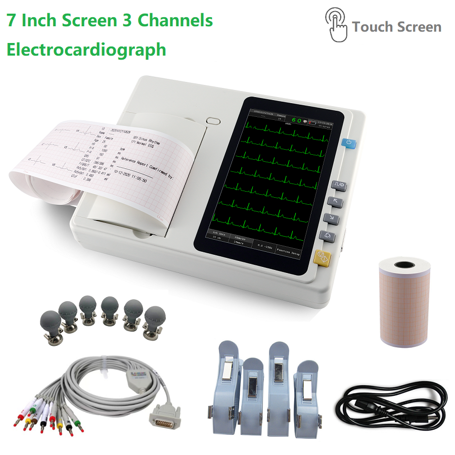 7" Touch Screen 12-Lead 3-Channel ECG Machine-Portable Electrocardiograph Device