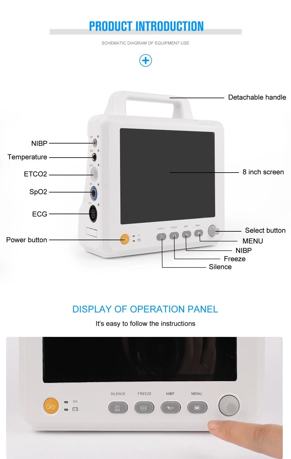 Portable 8" Patient Monitor -Multiparameter Vital Signs Monitor for Clinical Use