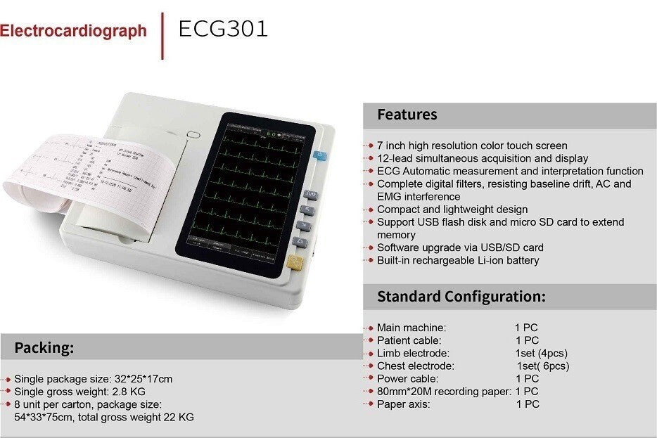 7" Touchscreen Digital 3 Channel 12 Leads ECG/EKG Machine Electrocardiograph