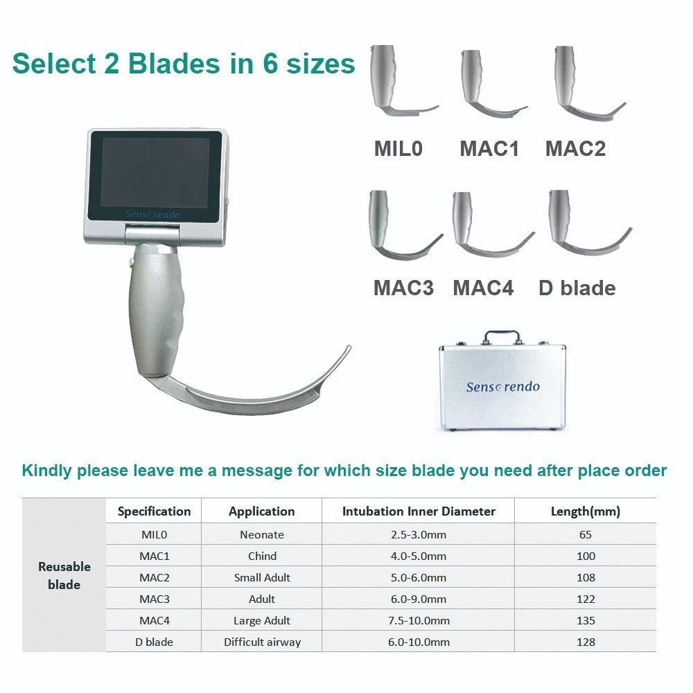 Video Laryngoscope 3.5" Touch Screen with 6 Reusable Blades - Choose Your Size
