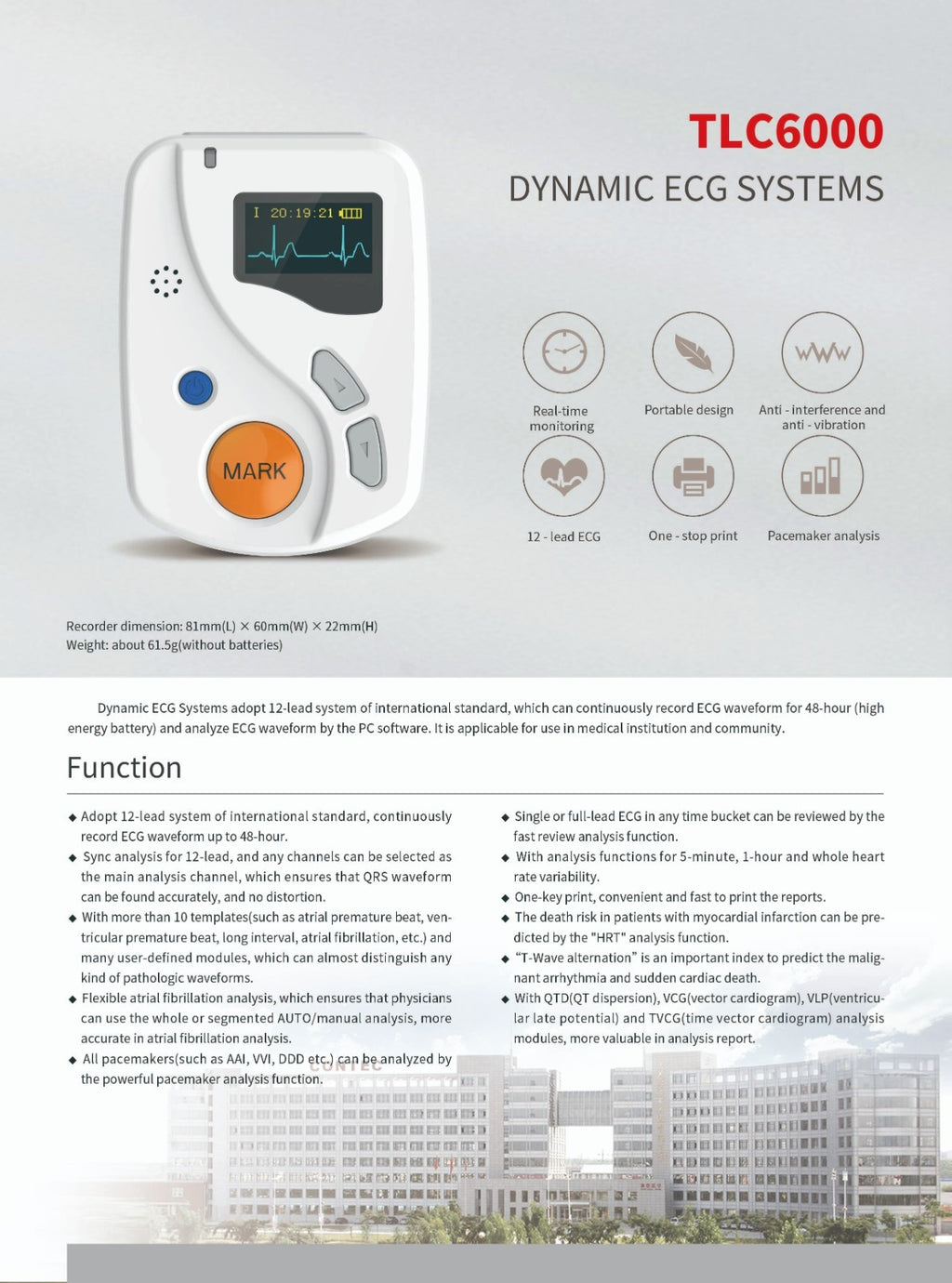 TLC6000 12-Lead Holter Monitor - 24hr ECG Recorder for Cardiac Rhythm Analysis