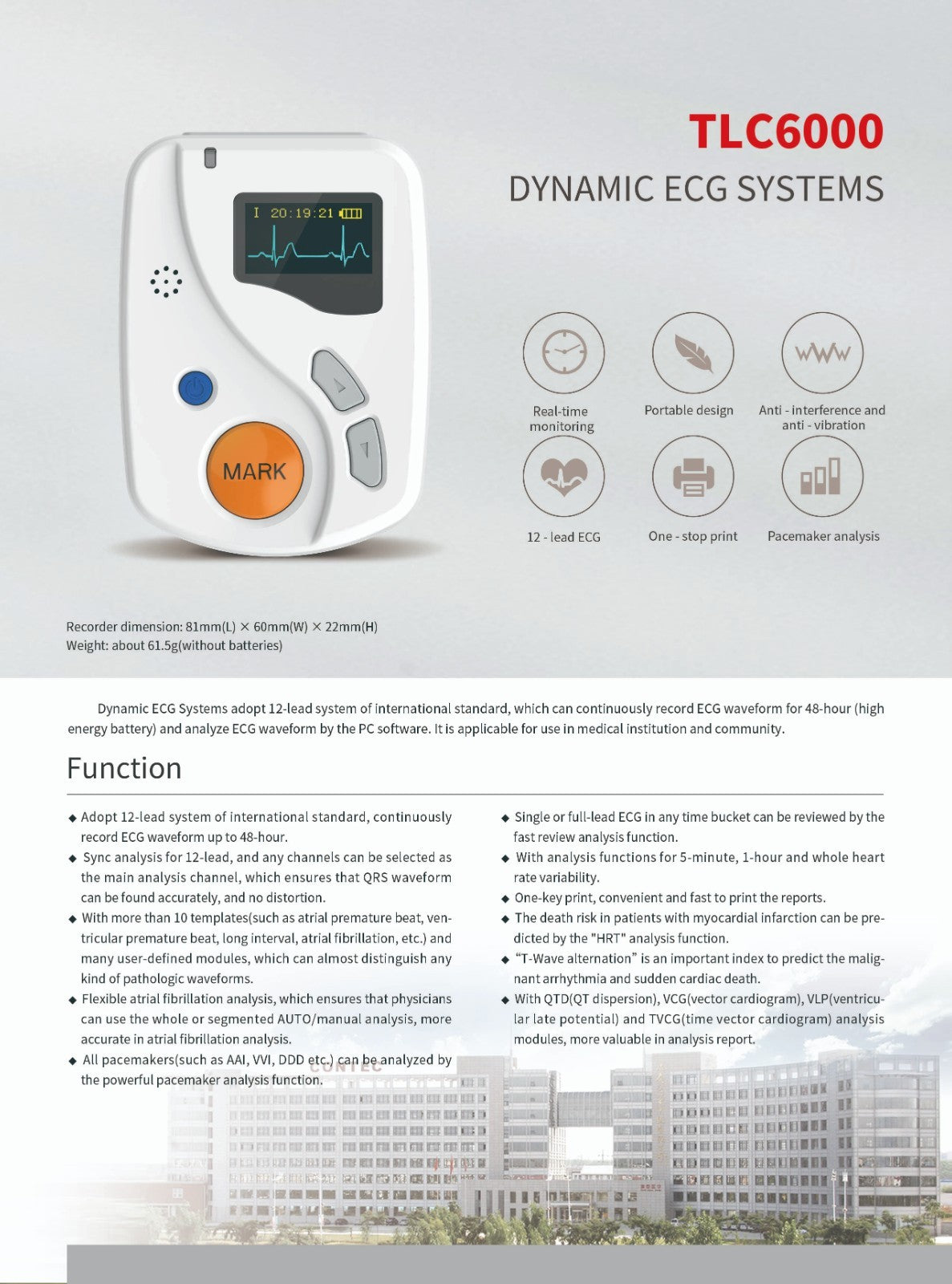 TLC6000 12-Lead Holter Monitor - 24hr ECG Recorder for Cardiac Rhythm Analysis