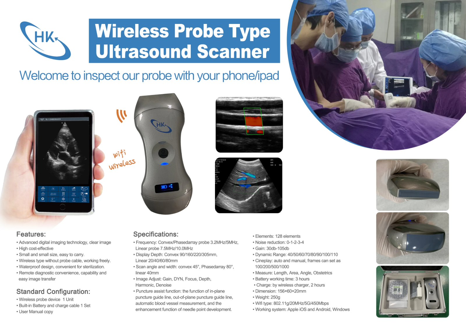 Wifi Wireless USG Phased Array 152E Convex Linear Cardiac 3in1 Ultrasound Probe
