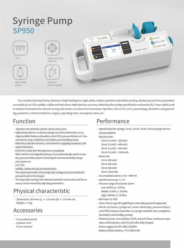 Portable Syringe Pump, Built-in Battery, 2.8" LCD Display & KVO Mode